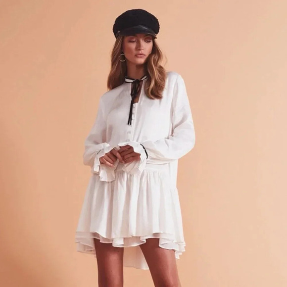 Revolve Tularosa Malia Mini Dress Shift Ivory Neck Tie Ruffle flare Sleeve XS - Picture 3 of 16